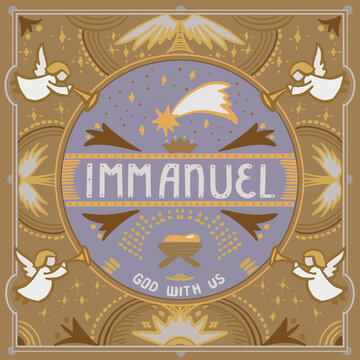 Hand drawn square greeting Christmas card art deco style, with baby Jesus, angels, stars, lines, dots. Hand lettering Immanuel, God With Us.