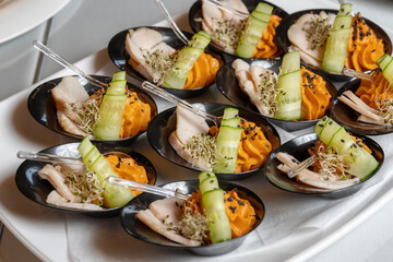 Chicken breast appetizer, with sprouted grains and sauce. Beautiful serve on the dish.