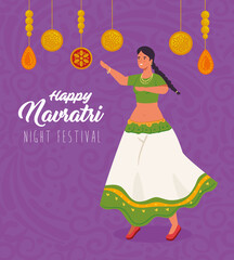 happy navratri celebration poster with woman indian dancing vector illustration design
