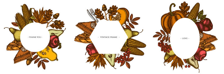 Frames with colored pumpkin, fork, knife, pears, pumpkin pie, apple pie, corn, apples, rowan, maple, oak