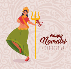 happy navratri celebration poster and woman indian dancing with trident vector illustration design