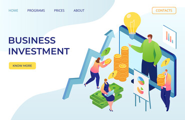 Business investment and finance web landing page, vector illustration. Businessman analyzing investing chart. Accounting. People bring money to account managers to invest. Success strategy consulting.