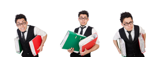 Funny man with lots of folders on white