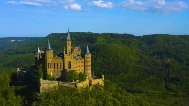  Aerial view of the Hohenzollern Castle in Germany on a sunny day in Spring.