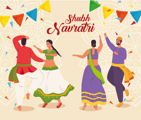happy navratri celebration poster with indian couples dancing celebrating vector illustration design
