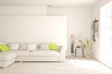 White living room with sofa. Scandinavian interior design. 3D illustration