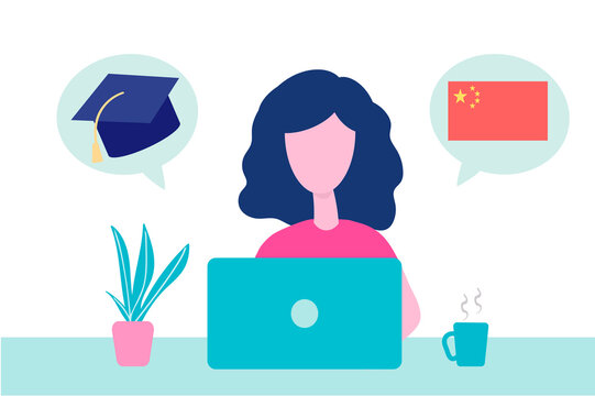 Online Chinese Learning, distance education concept. Language training and courses. Woman student studies foreign languages on a website in a laptop. Vector in flat design.