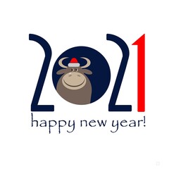 The cute Bull is the symbol of 2021. Happy New Year. Zodiac Taurus. Year of the calf. Vector banner, poster, postcard. Zodiac sign Bull, symbol of the year 2021 according to the Chinese calendar.