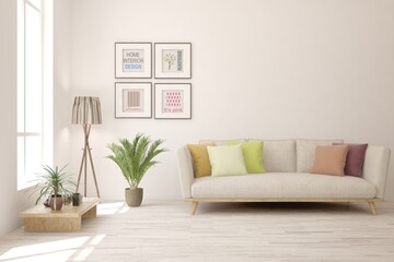 White minimalist living room with sofa. Scandinavian interior design. 3D illustration