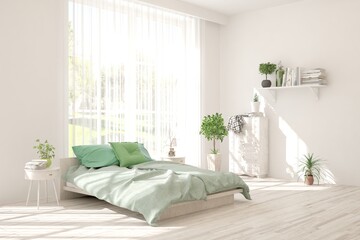 White bedroom interior. Scandinavian design. 3D illustration