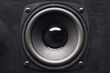 Black audio loudspeaker, flat lay