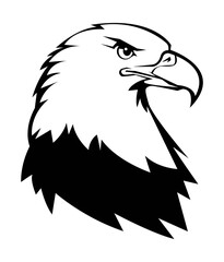 The head of an American eagle in profile. Black and white silhouette on a white background. Portrait.