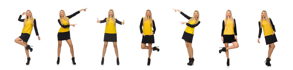 Blond hair girl in yellow and black clothing isolated on white