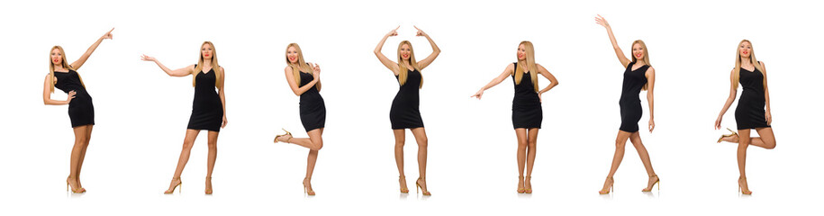 Young pretty woman in mini black dress isolated on white