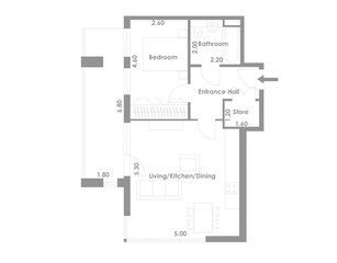 Drawing. 2d floor plan. Black&white floor plan. House with interior, floor plan, blueprints and colored walls on a white background.