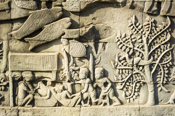 Detail of bas relief in the Bayon, Angkor Thom, Siem Reap
