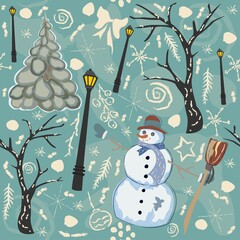 Cute Winter Background with Snowman Character, Street Lantern and Spruce Tree. Vector Illustration.