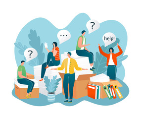 People in need of help, frequently asked questions around question marks vector illustration. FAQ, search of information. Answer to questionary on website. People characters questioning, in confusion.