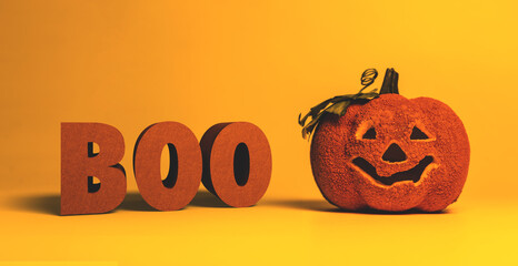 Boo! Happy Halloween day, lettering design with smiling fake pumpkin character