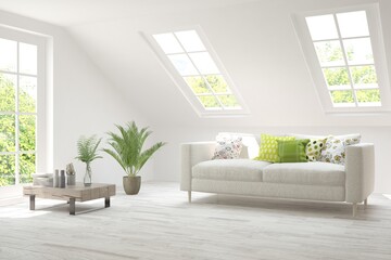 White living room with sofa and summer landscape in window. Scandinavian interior design. 3D illustration
