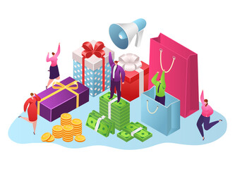 Reward, gifts boxes and money concept, vector illustration isolated on white. Coins and dollars banknotes money for present, gift wrapped in ribbons. Financial prize. Birthday congratulations gift.