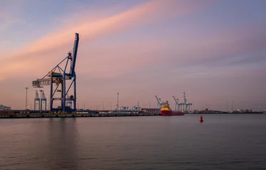 Foto op Plexiglas Container terminal in the port of Zeebrugge at sunset. View from the viewing platform near the monument "Visserskruis" © Erik_AJV