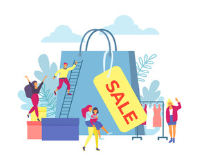 Sale, happy people and big shopping bag isolated vector illustration. Man and woman in store, discount. Big Sale. Customers buy, clothing shop promotion. Woman near gift boxes in shop.