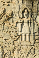 Detail of bas relief depicting worship of king on the Bayon , Angkor Thom, Siem Reap