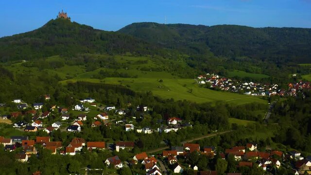  Aerial time lapse view of the Hohenzollern Castle in Germany on a sunny day in Spring.
