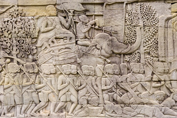 Bas reliefs depicting the battle between Khmer and the Chams at Bayon temple, Angkor, Siem reap, Cambodia