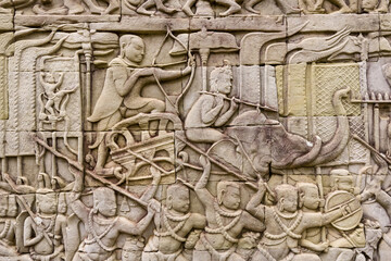 Bas-relief depicting the battle between Khmer and the Chams at Bayon temple, Angkor, Siem reap, Cambodia