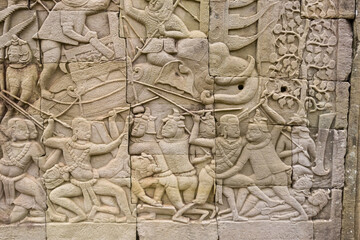 Bas-relief depicting the battle between Khmer and the Chams at Bayon temple, Angkor, Siem reap, Cambodia
