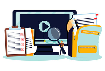 Online courses lesson for distance knowledge web study tiny persons concept. Virtual school using internet services vector illustration. Webinar and digital presentations for personal development.