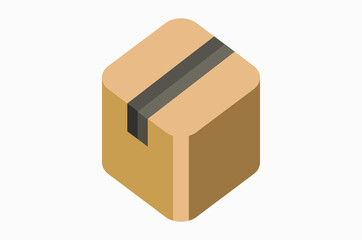 A simple isometric vector illustration of a paper box with tape on white background, a box with rounded edges.