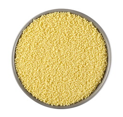 Couscous in bowl isolated on white background, top view