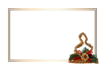 New year and Christmas composition, a tree made of dry branches with a red bow and a cone on a white background. Gold frame. Template, blank, banner for greeting cards, invitations, promotions, poster