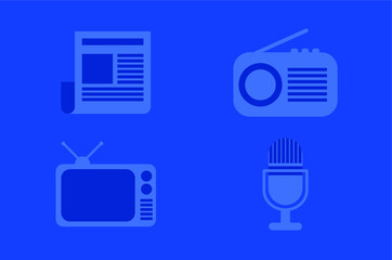 Set of icons of newspaper, radio, TV, and microphone isolated on blue background.