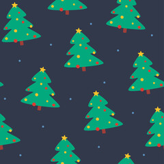 Pattern with cartoon Christmas trees and snowflakes. Vector seamless Christmas pattern. Vector Christmas illustration. Background for gift wrapping or fabric design.