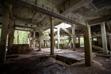 Nazis' factory hidden in the forest. Factory on tin falls into ruin. Old buildings in the Czech forest.