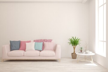 White living room with sofa. Scandinavian interior design. 3D illustration