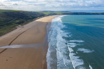 Woolacombe beach in Devon, UK on autumn windy morning