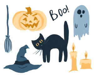 Halloween indigo blue and golden yellow clipart. Hand drawn spooky ghost, black cat, evil smile pumpkin, candles, witches hat and broom