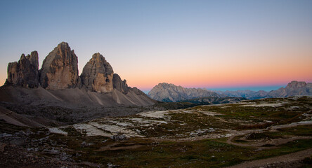Fototapeta na wymiar Sunrise in the Dolomites, beautiful colours and a chilled atmosphere early in the morning in South Tyrol, Italy