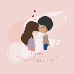 Kawaii Valentine'S Day. Lovely lovers girl and boy kissing on pink pastel background.Cute catoon a couple standing together with red heart. Vector illustration Romantic Greeting card.