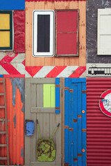 Colorful geometric shapes and traffic signs. Abstract shapes, vivid colors, rectangural forms.