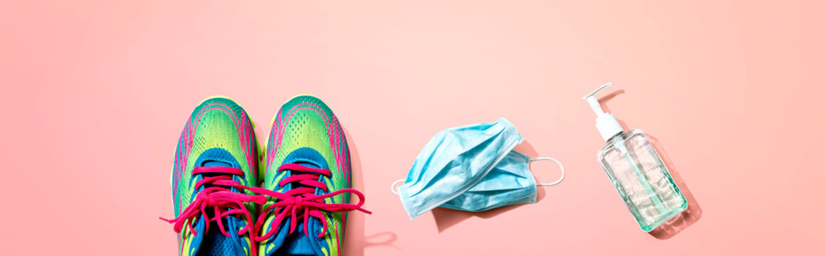 Fitness And Coronavirus Theme With Running Shoes - Flat Lay