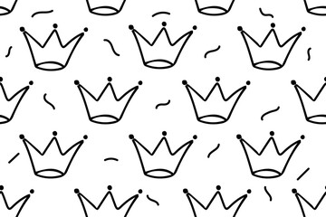 Black crowns isolated on white background with abstract lines around seamless pattern vector illustration for paper, fabric, print or design.