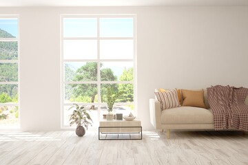 White living room with sofa and summer landscape in window. Scandinavian interior design. 3D illustration