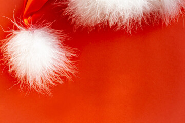 Christmas template, top view of Santa hat on red background, minimalism, xmas banner, card, invitation or poster