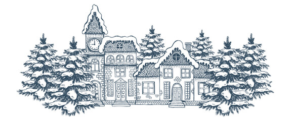 Christmas Greeting card. Illustration of houses. Set of hand drawn buildings.